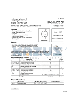 IRG4MC30F datasheet - Fast Speed IGBT - INSULATED GATE BIPOLAR TRANSISTOR