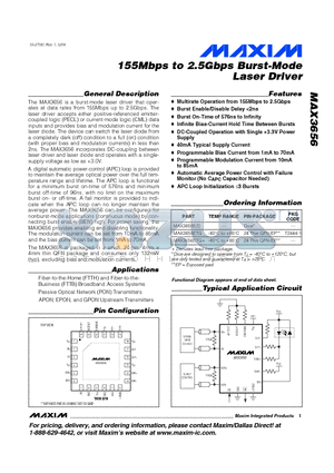 MAX3656ETG datasheet - 155Mbps to 2.5Gbps Burst-Mode Laser Driver