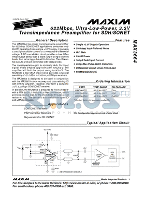 MAX3664 datasheet - 622Mbps, Ultra-Low-Power, 3.3V Transimpedance Preamplifier for SDH/SONET