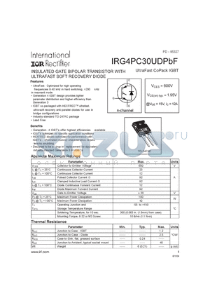 IRG4PC30UDPBF datasheet - INSULATED GATE BIPOLAR TRANSISTOR WITH ULTRAFAST SOFT RECOVERY DIODE