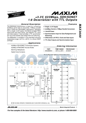 MAX3680 datasheet - 3.3V, 622Mbps, SDH/SONET 1:8 Deserializer with TTL Outputs