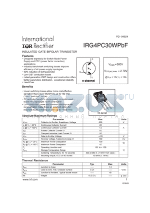 IRG4PC30WPBF datasheet - INSULATED GATE BIPOLAR TRANSISTOR