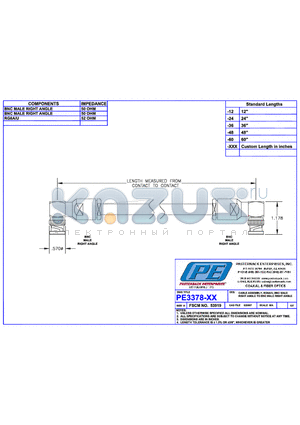 PE3378LF datasheet - CABLE ASSEMBLY RG8A/U BNC MALE RIGHT ANGLE TO BNC MALE RIGHT ANGLE