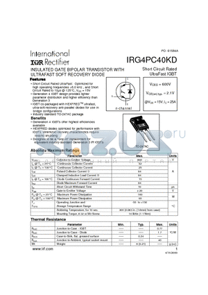 IRG4PC40KD datasheet - INSULATED GATE BIPOLAR TRANSISTOR WITH ULTRAFAST SOFT RECOVERY DIODE(Vces=600V, Vce(on)typ.=2.1V, @Vge=15V, Ic=25A)