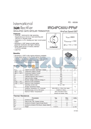 IRG4PC60U-PPBF datasheet - INSULATED GATE BIPOLAR TRANSISTOR UltraFast Speed IGBT