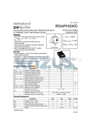 IRG4PH30 datasheet - INSULATED GATE BIPOLAR TRANSISTOR WITH ULTRAFAST SOFT RECOVERY DIODE(Vces=1200V, Vce(on)typ.=3.10V, @Vge=15V, Ic=10A)