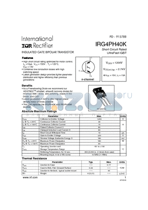 IRG4PH40K datasheet - INSULATED GATE BIPOLAR TRANSISTOR(Vces=1200V, Vce(on)typ.=2.74V, @Vge=15V, Ic=15A)