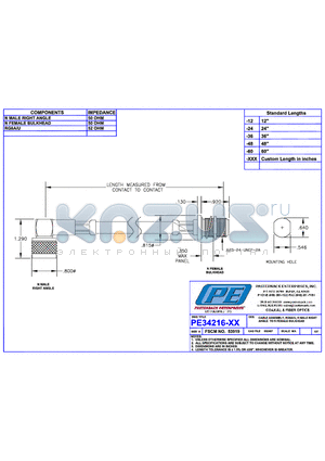 PE34216LF datasheet - CABLE ASSEMBLY RG6A/U N MALE RIGHT ANGLE TO N FEMALE BULKHEAD