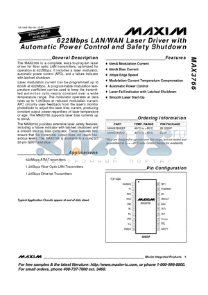 MAX3766EEP datasheet - 622Mbps LAN/WAN Laser Driver with Automatic Power Control and Safety Shutdown