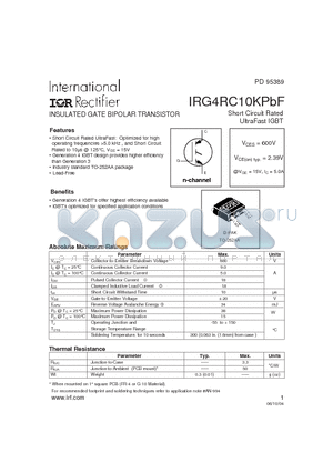IRG4RC10KPBF datasheet - INSULATED GATE BIPOLAR TRANSISTOR Short Circuit Rated UltraFast IGBT