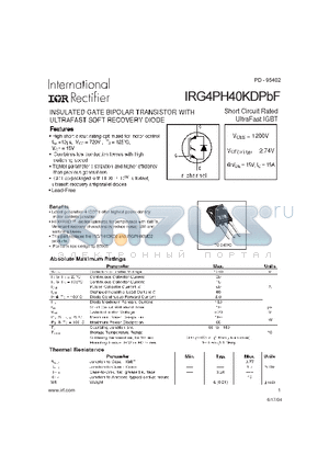 IRG4PH40KDPBF datasheet - INSUALATED GATE BIPOLAR TRANSISTOR WITH YLTRAFAST SOFT RECOVERY DIODE