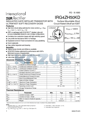 IRG4ZH50KD datasheet - INSULATED GATE BIPOLAR TRANSISTOR WITH ULTRAFAST SOFT RECOVERY DIODE