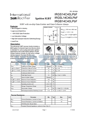 IRGB14C40LPBF datasheet - IGBT with on-chip Gate-Emitter and Gate-Collector clamps