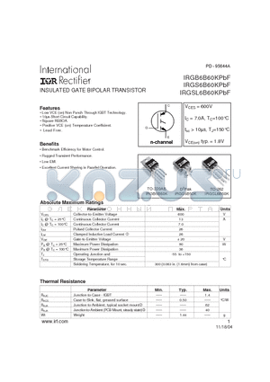 IRGB6B60KPBF datasheet - INSULATED GATE BIPOLAR TRANSISTOR