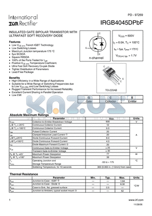 IRGB4045DPBF datasheet - INSULATED GATE BIPOLAR TRANSISTOR WITH ULTRAFAST SOFT RECOVERY DIODE