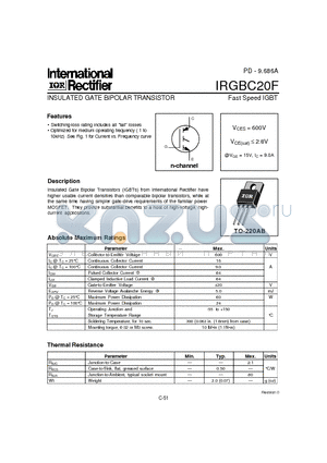 IRGBC20F datasheet - INSULATED GATE BIPOLAR TRANSISTOR(Vces=600V, @Vge=15V, Ic=9.0A)