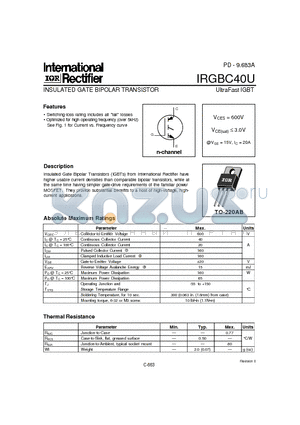 IRGBC40U datasheet - INSULATED GATE BIPOLAR TRANSISTOR(Vces=600V, @Vge=15V, Ic=20A)