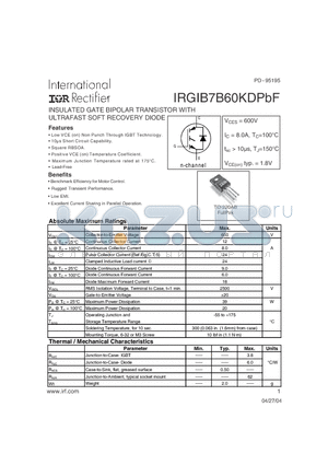 IRGIB7B60KDPBF datasheet - INSULATED GATE BIPOLAR TRANSISTOR WITH ULTRAFAST SOFT RECOVERY DIODE