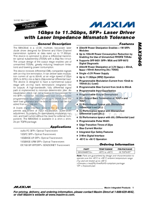 MAX3946ETG datasheet - 1Gbps to 11.3Gbps, SFP Laser Driver with Laser Impedance Mismatch Tolerance
