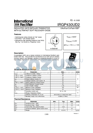 IRGP430UD2 datasheet - INSULATED GATE BIPOLAR TRANSISTOR WITH ULTRAFAST SOFT RECOVERY DIODE(Vces=500V, @Vge=15V, Ic=15A)
