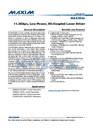 MAX3948 datasheet - 11.3Gbps, Low-Power, DC-Coupled Laser Driver