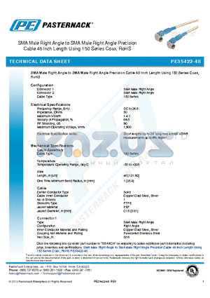 PE35422-48 datasheet - SMA Male Right Angle to SMA Male Right Angle Precision Cable 48 Inch Length Using 150 Series Coax, RoHS