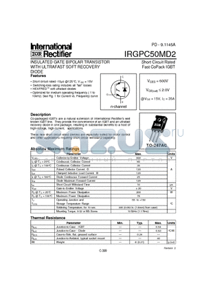 IRGPC50MD2 datasheet - INSULATED GATE BIPOLAR TRANSISTOR WITH ULTRAFAST SOFT RECOVERY(Vces=600V, @Vge=15V, Ic=35A)