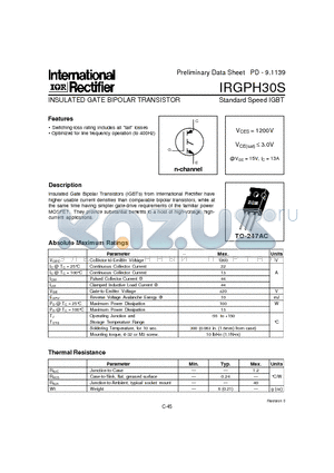 IRGPH30S datasheet - INSULATED GATE BIPOLAR TRANSISTOR(Vces=1200V, @Vge=15V, Ic=13A)