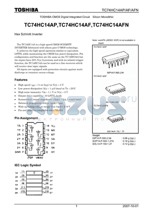 TC74HC14AF datasheet - CMOS Digital Integrated Circuit Silicon Monolithic Hex Schmitt Inverter