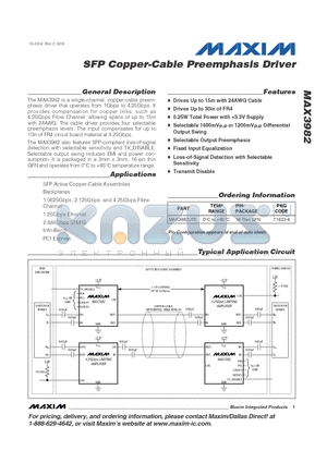 MAX3982 datasheet - SFP Copper-Cable Preemphasis Driver