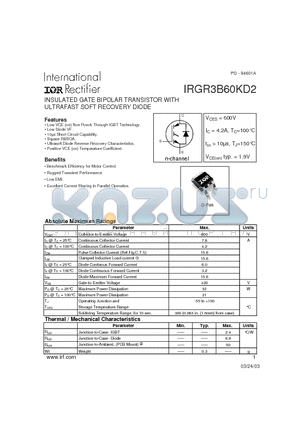 IRGR3B60KD2 datasheet - INSULATED GATE BIPOLAR TRANSISTOR WITH ULTRAFAST SOFT RECOVERY DIODE