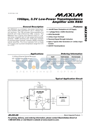 MAX3970 datasheet - 10Gbps, 3.3V Low-Power Transimpedance Amplifier with RSSI