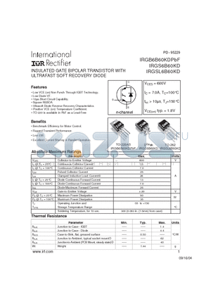 IRGSL6B60KD datasheet - INSULATED GATE BIPOLAR TRANSISTOR WITH ULTRAFAST SOFT RECOVERY DIODE