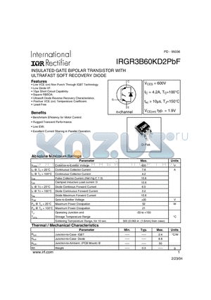 IRGR3B60KD2PBF datasheet - INSULATED GATE BIPOLAR TRANSISTOR WITH ULTRAFAST SOFT RECOVERY DIODE