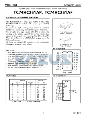 TC74HC251AP datasheet - 8 CHANNEL MULTIPLEXER (3 STATE)