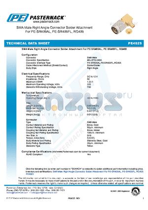 PE4025 datasheet - SMA Male Right Angle Connector Solder Attachment For PE-SR405AL, PE-SR405FL, RG405