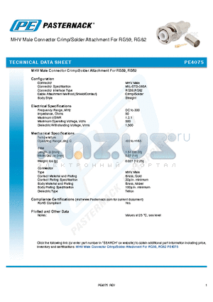 PE4075 datasheet - MHV Male Connector Crimp/Solder Attachment For RG59, RG62