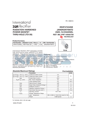 IRHF57234SE datasheet - RADIATION HARDENED POWER MOSFET THRU-HOLE (TO-39)