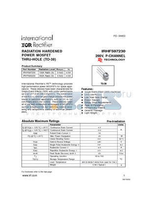 IRHF593230 datasheet - RADIATION HARDENED POWER MOSFET THRU-HOLE (TO-39)