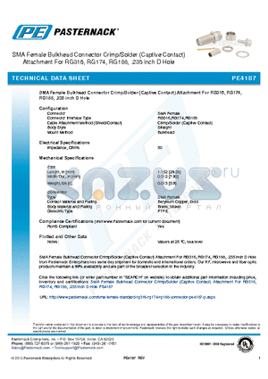 PE4187 datasheet - SMA Female Bulkhead Connector Crimp/Solder (Captive Contact) Attachment For RG316, RG174, RG188, .235 inch D Hole