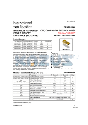 IRHG63110 datasheet - 100V, Combination 2N-2P-CHANNEL RAD-Hard HEXFET MOSFET TECHNOLOGY