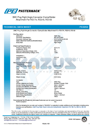 PE4262 datasheet - SMC Plug Right Angle Connector Clamp/Solder Attachment For RG174, RG316, RG188