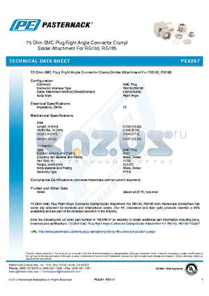 PE4267 datasheet - 75 Ohm SMC Plug Right Angle Connector Clamp/ Solder Attachment For RG180, RG195