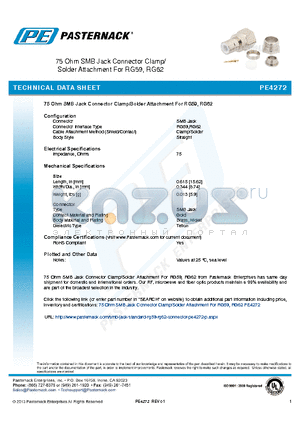 PE4272 datasheet - 75 Ohm SMB Jack Connector Clamp/Solder Attachment For RG59, RG62