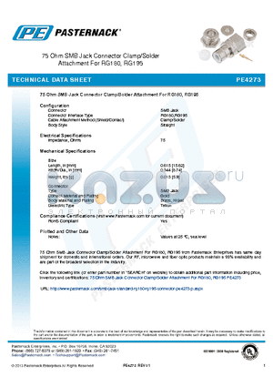 PE4273 datasheet - 75 Ohm SMB Jack Connector Clamp/Solder Attachment For RG180, RG195