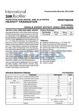 IRHI7460SE datasheet - TRANSISTOR N-CHANNEL(BVdss=500V, Rds(on)=0.32ohm, Id=20A)