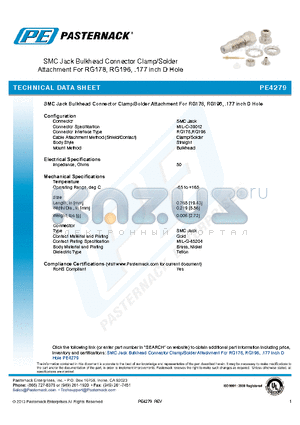 PE4279 datasheet - SMC JACK BULKHEAD CONNECTOR CLAMP/SOLDER ATTACHMENT FOR RG178 RG196,. 177 INCH D HOLE