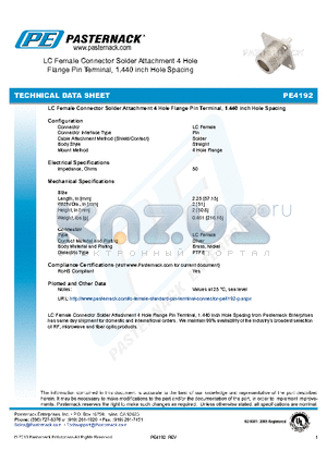 PE4192 datasheet - LC Female Connector Solder Attachment 4 Hole Flange Pin Terminal, 1.440 inch Hole Spacing