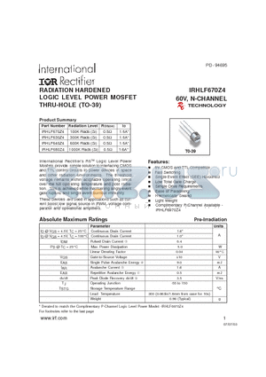 IRHLF640Z4 datasheet - RADIATION HARDENED LOGIC LEVEL POWER MOSFET