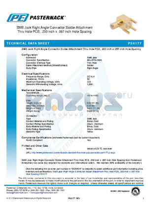 PE4177 datasheet - SMB Jack Right Angle Connector Solder Attachment Thru Hole PCB, .200 inch x .067 inch Hole Spacing